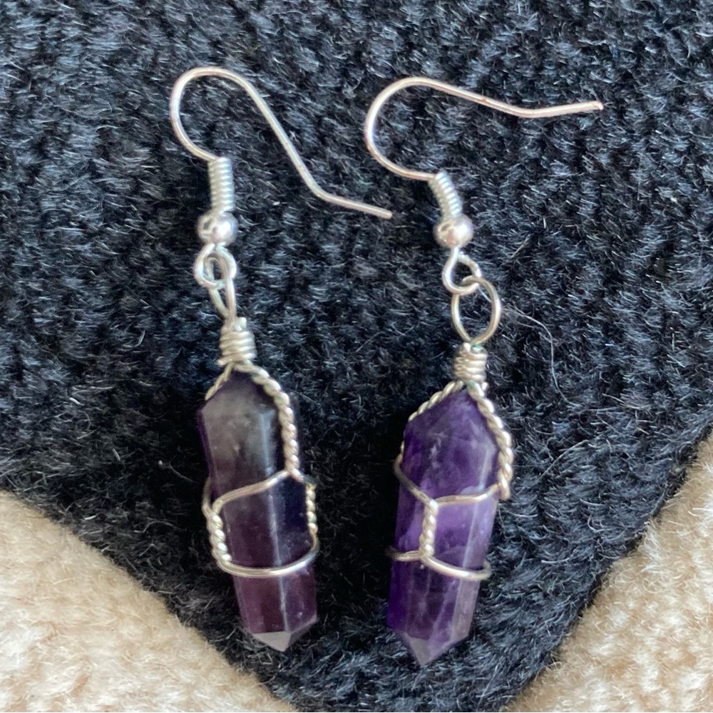 Silver Wire Wrapped Natural Amethyst Purple Crystal Drop Dangle Hook Earrings